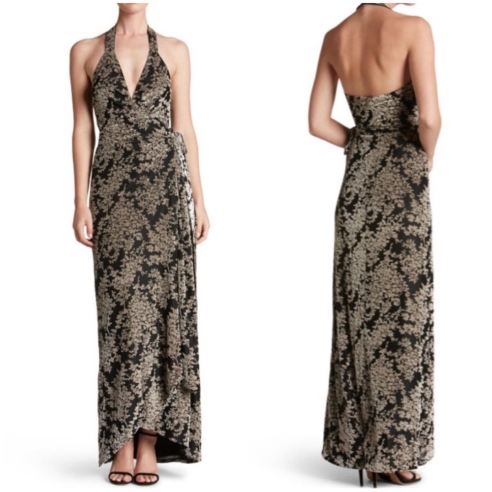 Dress the Population Erica Velvet Floral Halter Wrap Maxi Gown NWT M